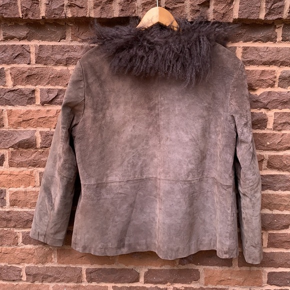 📌 Chicos Brown Suede/Mongolian Fur Collar Mid Length Jacket - Picture 4 of 5